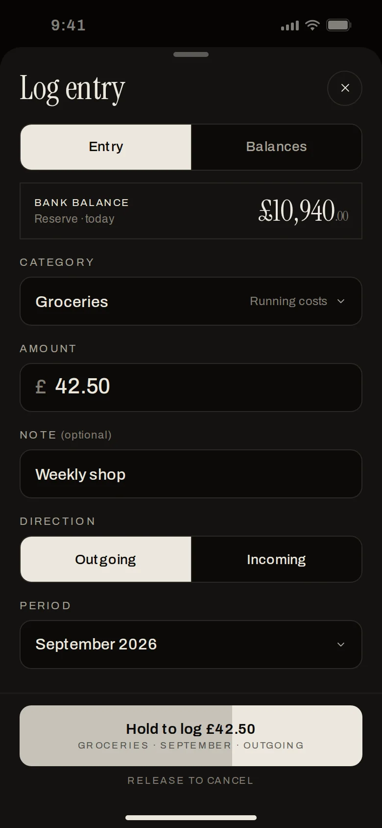 Erkos Log entry sheet with the hold to log button