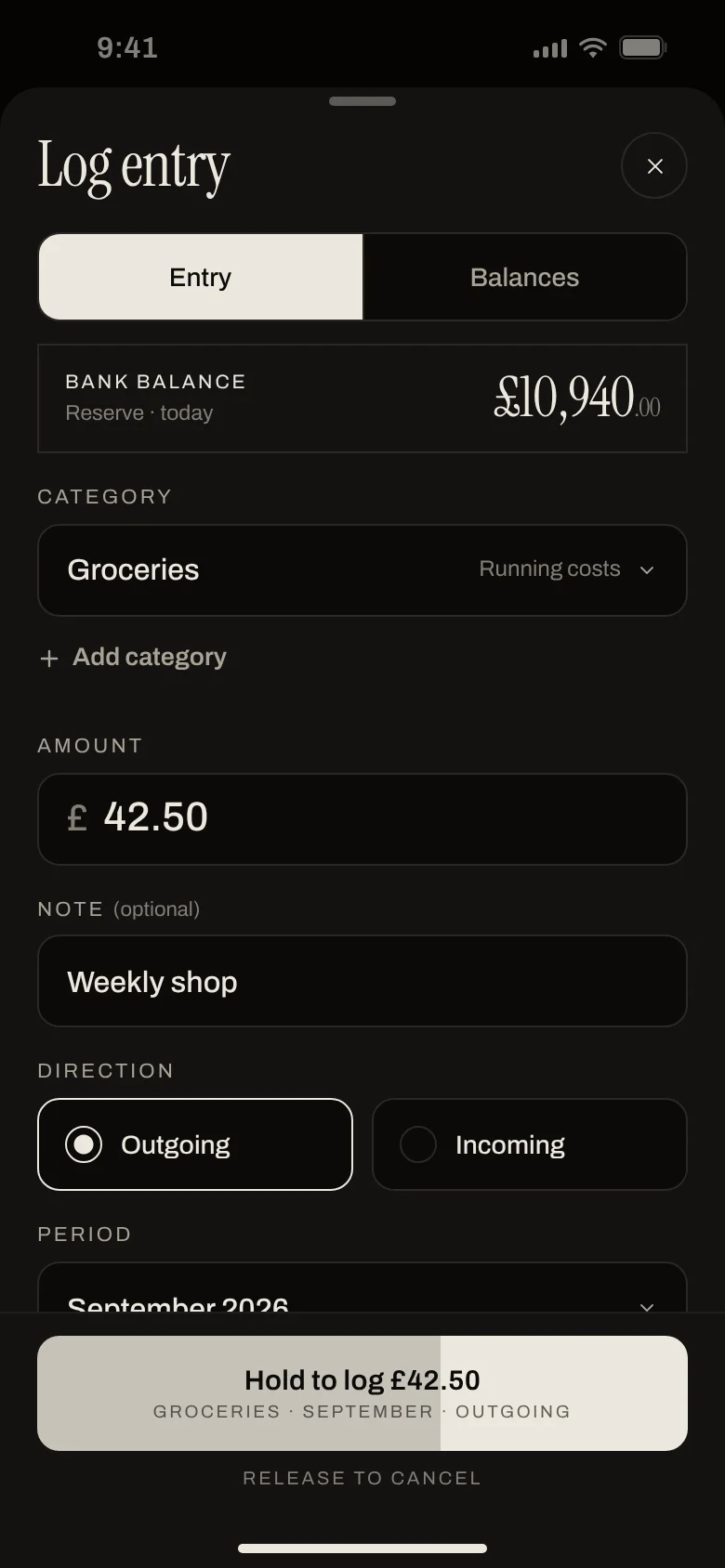 Erkos Log entry sheet with the hold to log button