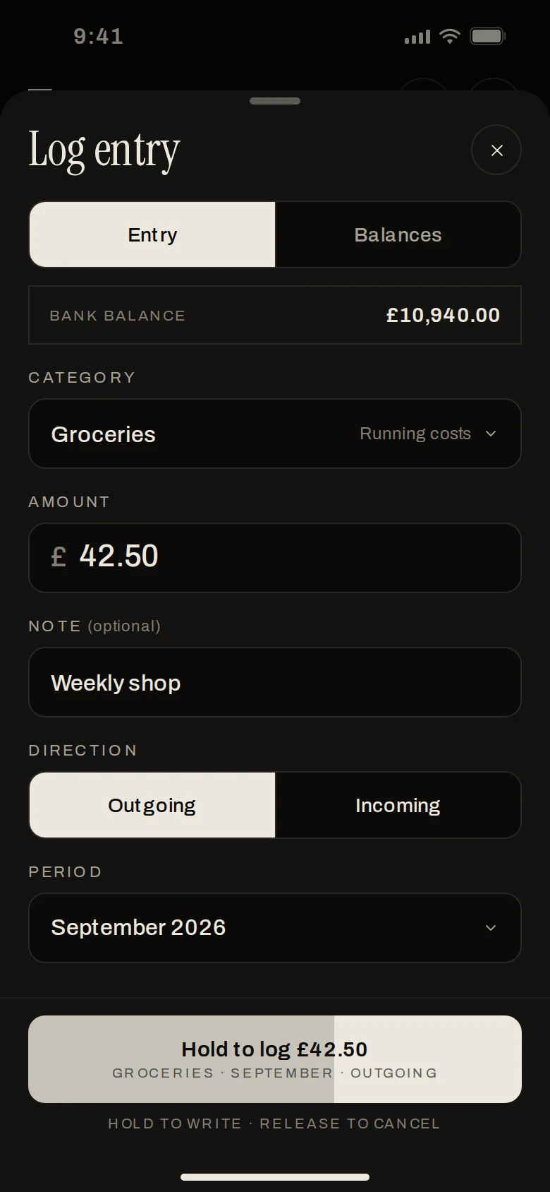 Erkos Log entry sheet with the hold to log button
