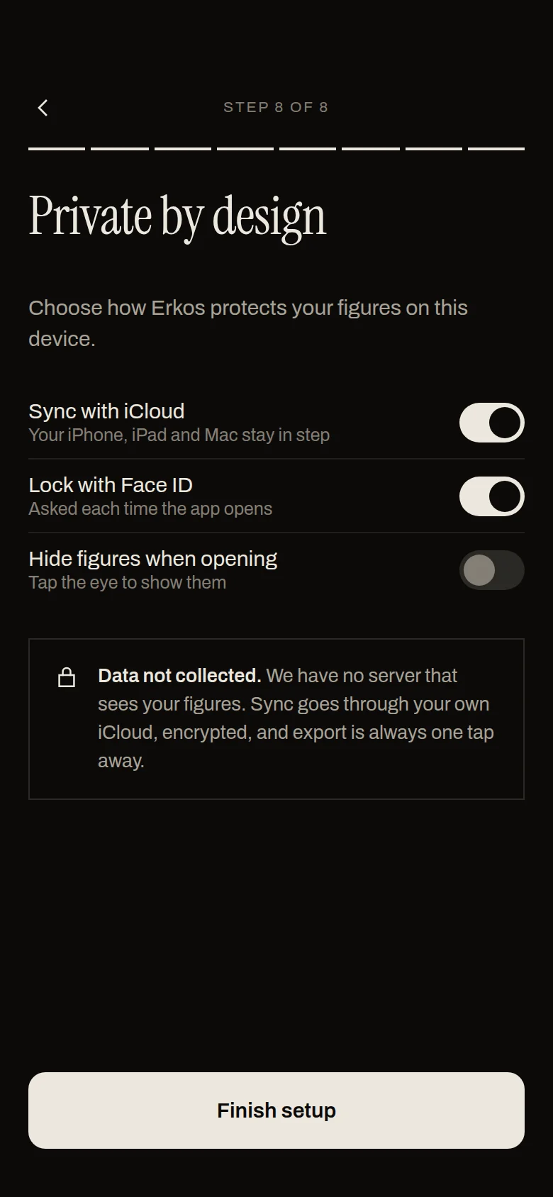 The privacy step while setting up Erkos: iCloud sync, Face ID and hidden figures