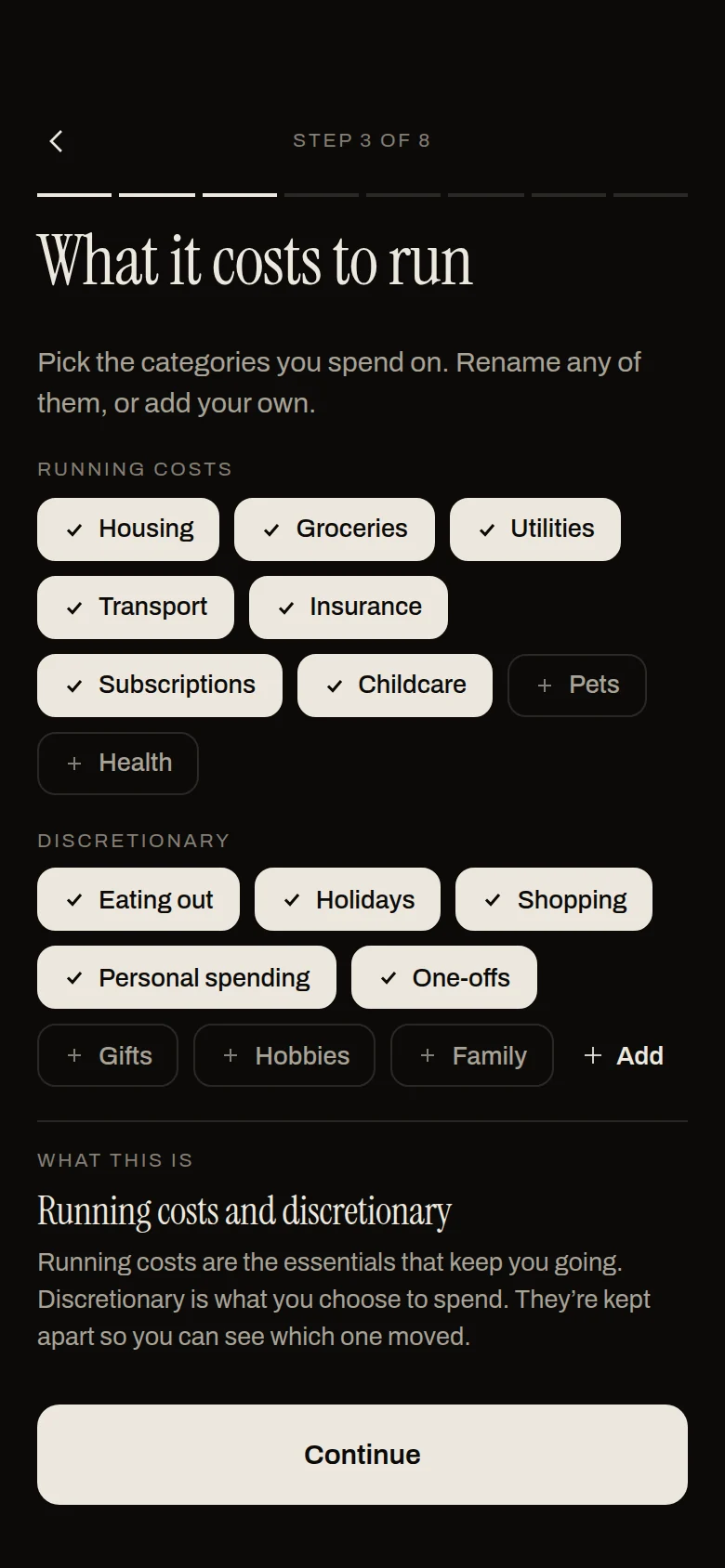 Choosing running costs and discretionary categories while setting up Erkos